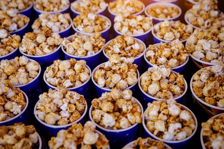 Many cups of popcorn before the movie. Top viewの写真素材