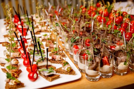 Close-up of snacks at an event. Smooth ranks, beautiful foodの写真素材