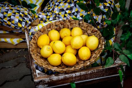 Lemons in a basket, green floral backgroundの写真素材
