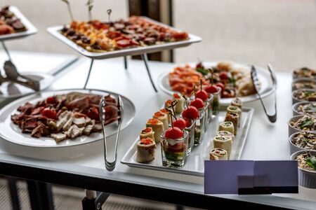 Snack table ready for event. Food and drink cateringの写真素材
