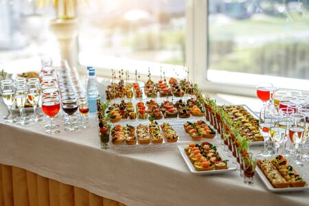 Snack table ready for event. Food and drink cateringの写真素材
