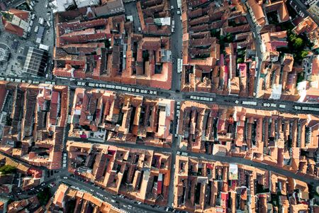 The old Romanian city of Brasov, the center of Transylvania. Top view from a quadrocopterの写真素材