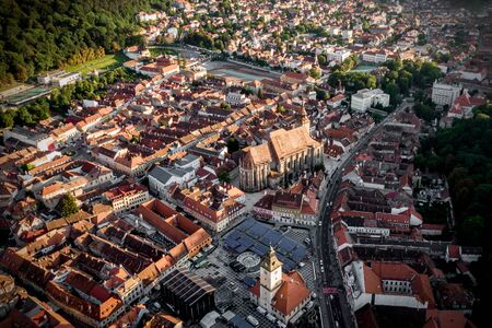 The old Romanian city of Brasov, the center of Transylvania. Top view from a quadrocopterの写真素材