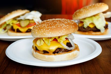 Ready tasty burgers on a round white platesの写真素材