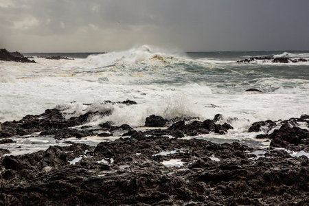 Big waves crashing near a rocky shore. Ocean storm