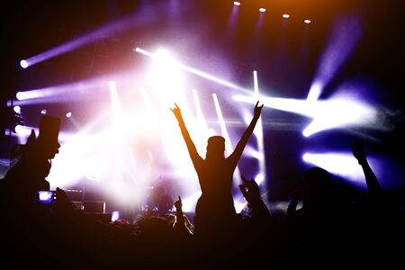Silhouette of girl with raised hands enjoys the concert, music showの写真素材