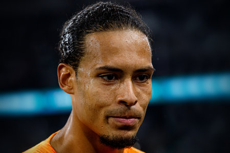 Minsk, Belarus - October 13, 2019 : UEFA European Qualifiers 2020. Virgil van Dijk answers questions from journalists. Portraitのeditorial素材
