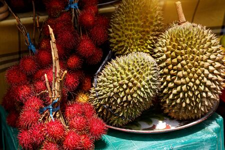 King of fruits, durian. Group of fresh durians in the asian market.の写真素材