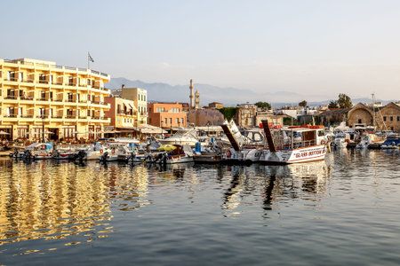 Chania, Greece - May 08, 2018. The beautiful port of Chania on sunset