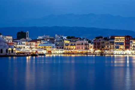 Chania, Greece - May 08, 2018. The beautiful port of Chania on eveningのeditorial素材