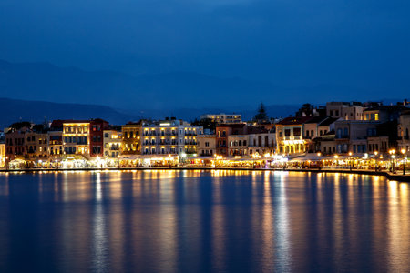 Chania, Greece - May 08, 2018. The beautiful port of Chania on eveningのeditorial素材