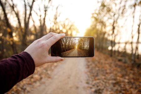 Make an autumn photo on a mobile phoneの写真素材