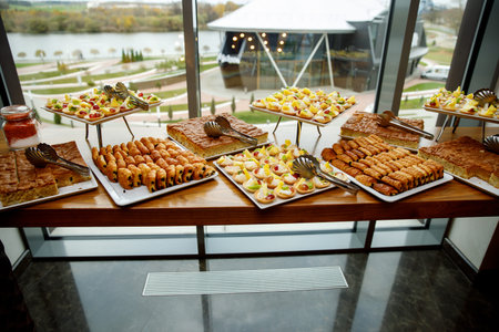 Sweet cakes on event catering. Fruit baskets