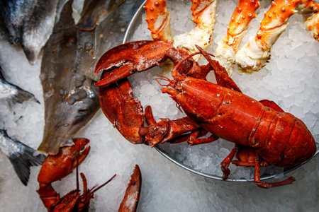 Red lobster with other seafood on ice