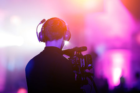 Cameraman at event. Purple background