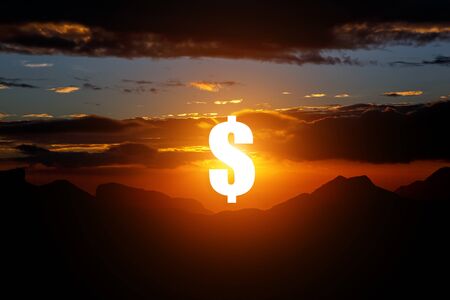 Dollar symbol as a sun at sunrise. Rising up of value currency.の写真素材