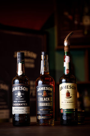 Minsk, Belarus - 19.04.2019: Bottles of Jameson whiskey on a bar counter