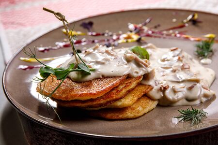 Potato pancakes with mushrooms sauce on a white plateの写真素材