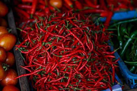 Red chile pepper on an asian marketの写真素材