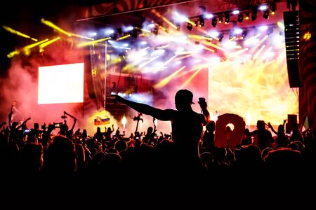 Silhouette of man with raised hands on music concert.の写真素材