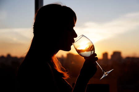 Girl with wine glass. Black silhouetteの写真素材