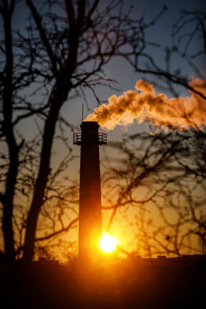Factory work, chimney with smoke, view through tree branches, sunsetの写真素材