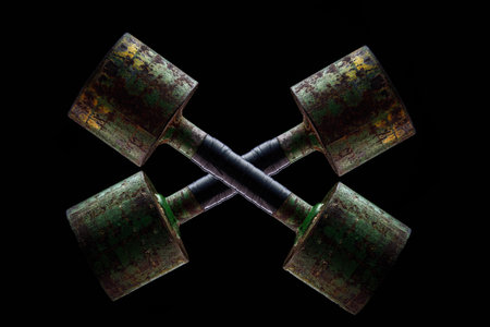 Crossed dumbbells on black backgroundの写真素材