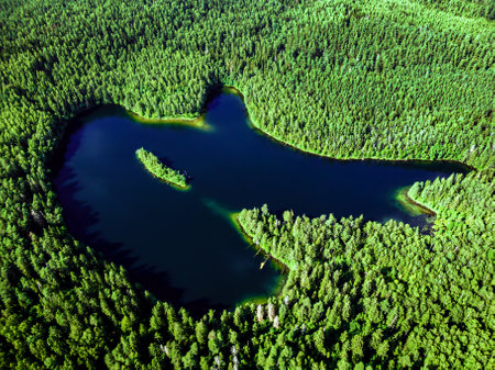 Top view of a forest lakeの写真素材