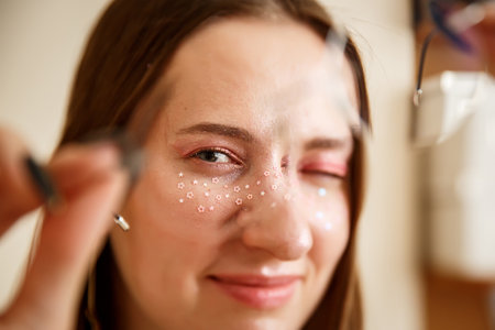 A beautiful young woman in round glasses with pink stars glitter around her eyesの写真素材