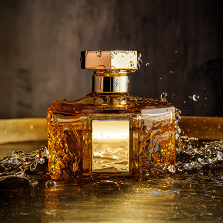 Splashing water around the golden perfume bottleの写真素材