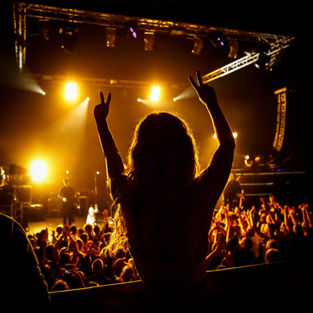 Silhouette of girl with raised hands on music concert.の写真素材