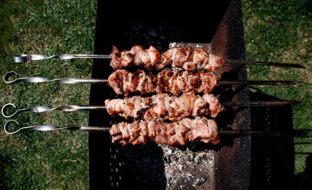 Shish kebab is fried on skewers. Summer rest.
