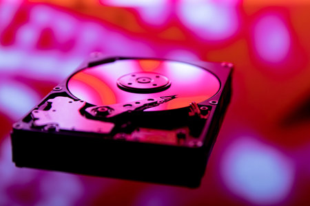 Close up of hardisk internal mechanism hardware.