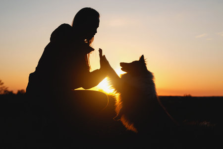 The dog shaking hand with the owner. The friendship between woman and her petの写真素材