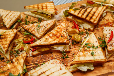 Sandwiches on a wooden trayの写真素材