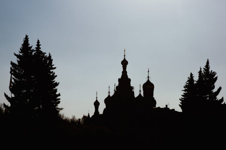 Black silhouette of russian cathedralの写真素材