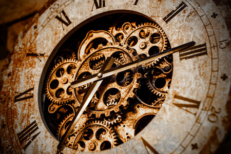 A close-up of the clockwork. Iron gears and arrowsの写真素材