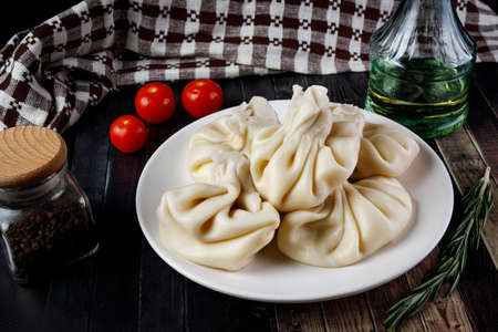 Traditional Georgian food - khinkali on a plateの写真素材