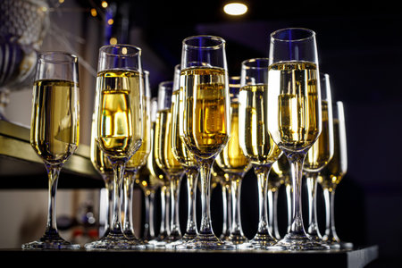 A row of glasses filled with champagne are lined up ready to be served