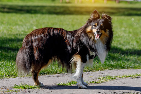 Nice fluffy sable white shetland sheepdog, sheltie outside portrait on green meadow backgroundの写真素材