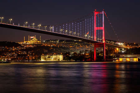 Bosphorus bridge between Asia and Europe at night. Istanbul, Turkey.の写真素材