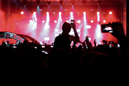 Girl on shoulders in the crowd at a music festival.の写真素材