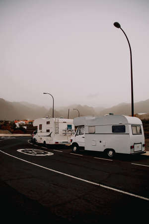 Family vacation travel RV, holiday trip in motorhome, Caravan car Vacation, mountains background.の写真素材