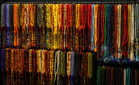 Different colorful beads on the market showcaseの写真素材