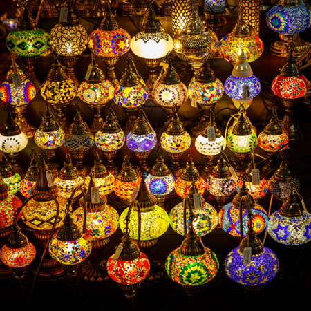Stained glass lamps, and colorful oriental craft products in the traditional east bazaar.の写真素材