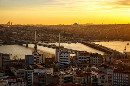 Bridges and view of old districts of Istanbul from Galata towerの写真素材