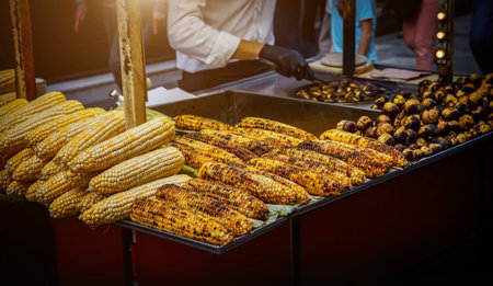 Fried grilled corn at a street food market kiosk