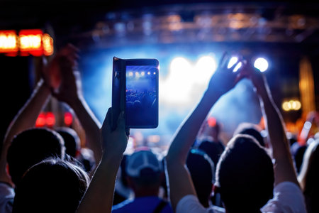 People holding their smartphones at concert and taking pictures
