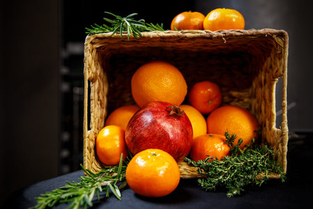 Fruit lies near a wicker basket. Rustic orange and pomegranateの写真素材