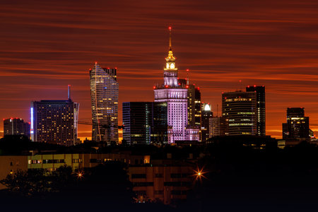 City panorama, Warsaw skyline with at beautiful sunset cloudsの写真素材